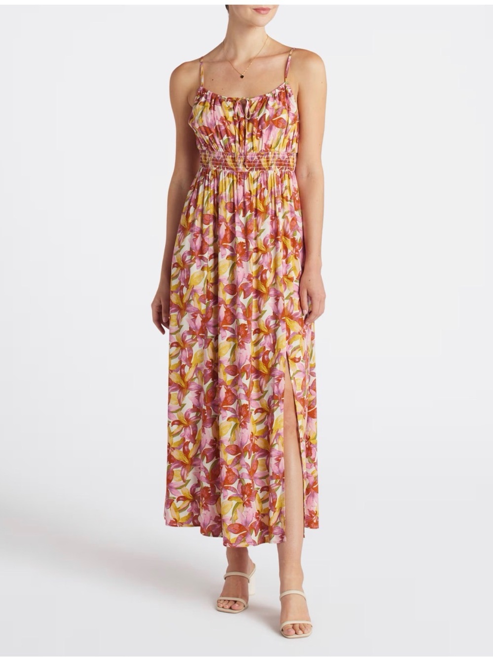 Mason & Belle Floral Smocked Maxi Dress in Pink & Yellow- NWT